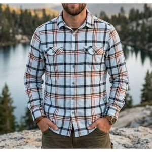 VISSLA Flannel Shirt Mens M Blue Orange Plaid Button Down 100% Cotton